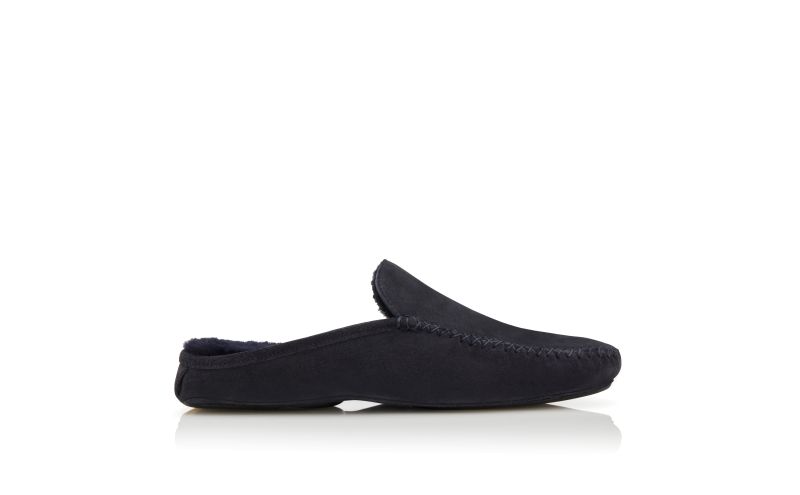 Side view of Crawford, Navy Blue Suede Slippers - US$695.00