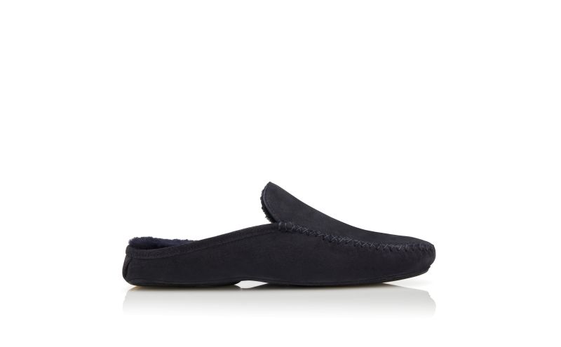 Side view of Crawford, Navy Blue Suede Slippers - £525.00