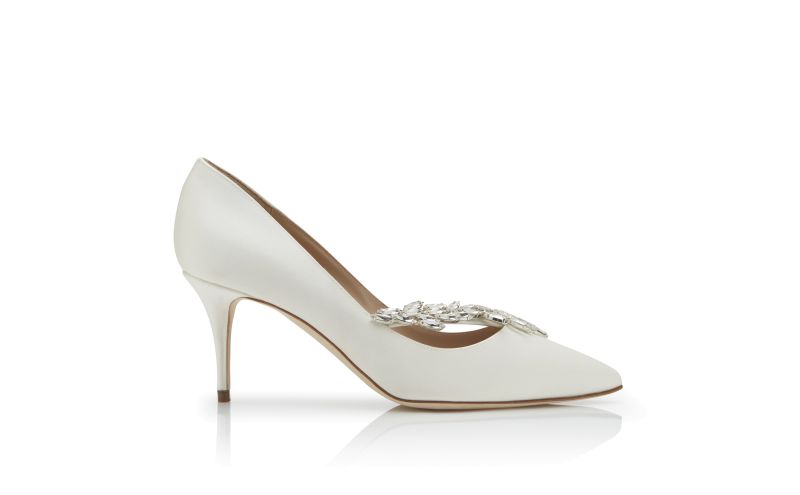 Side view of Nadira 70, White Satin Jewel Buckle Pumps - €1,045.00