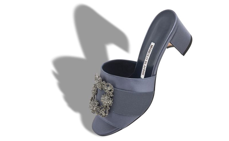 Martanew, Blue-Grey Satin Jewel Buckle Mules - £845.00