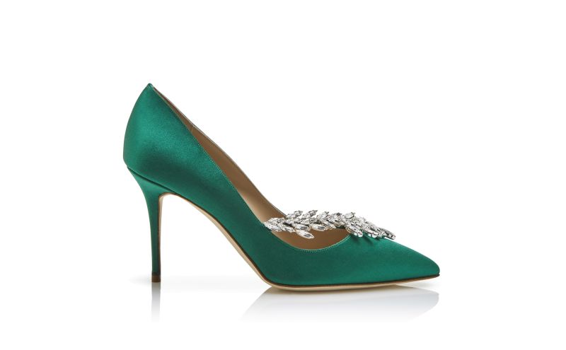 Side view of Nadira, Green Satin Jewel Buckle Pumps  - CA$1,485.00