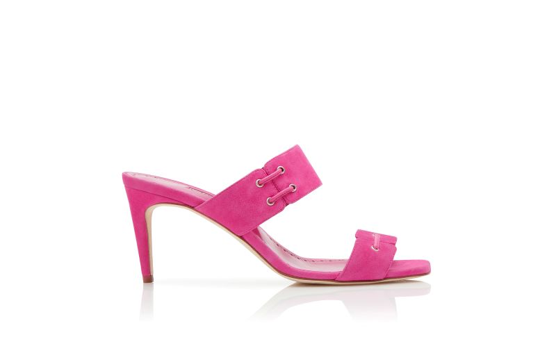 Side view of Designer Bright Pink Suede Lace Detail Mules