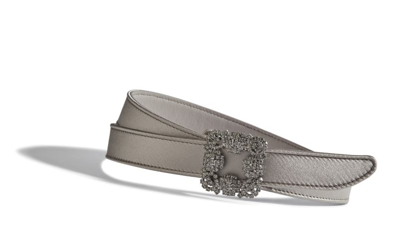 Designer Light Grey Satin Crystal Buckled Belt