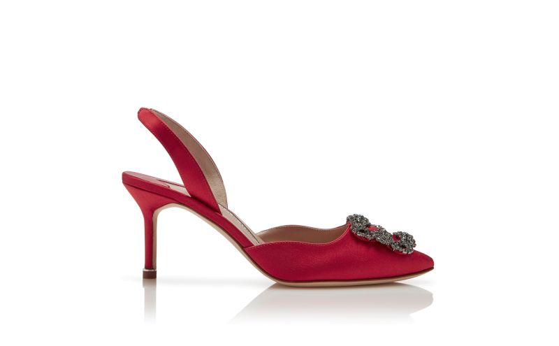 Side view of Hangisli, Red Satin Jewel Buckle Slingback Pumps - AU$1,945.00