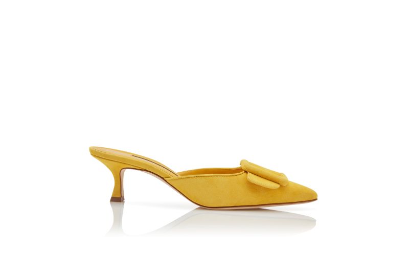 Side view of Maysale, Yellow Suede Buckle Mules - AU$1,375.00