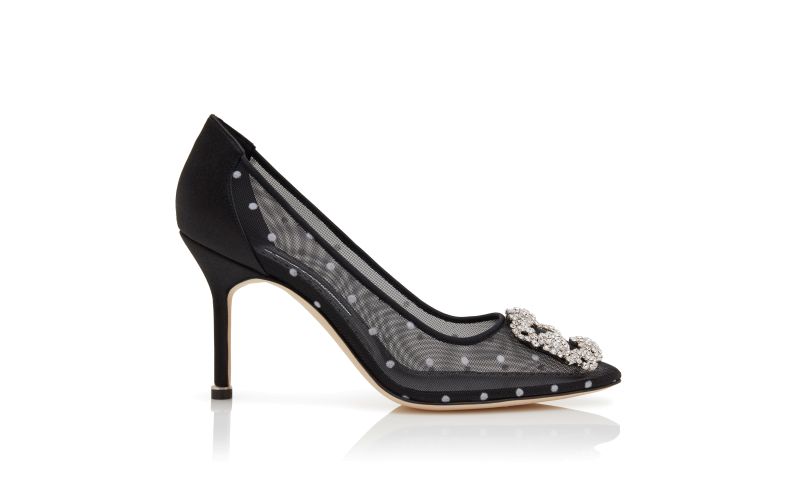 Side view of Hangisi 90, Black and White Mesh Jewel Buckle Pumps - CA$1,855.00