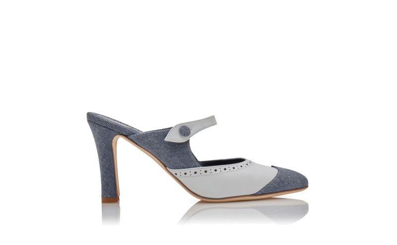 Side view of Agathanu, Blue and White Denim Mules - £695.00