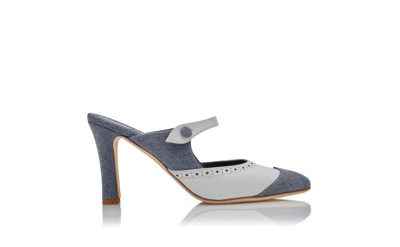 Side view of Agathanu, Blue and White Denim Mules - AU$1,425.00