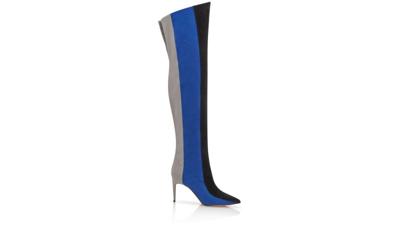 Side view of Chicuyuhi, Black, Blue and Grey Suede Thigh High Boots - CA$2,265.00