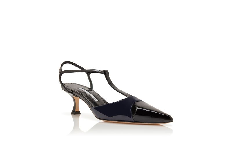 Turgimod, Black and Navy Blue Patent Leather T-Bar Pumps - US$1,025.00
