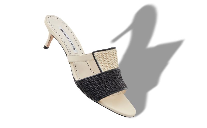 FABIOLAMU, Cream and Black Raffia Open Toe Mules, 1035 CAD