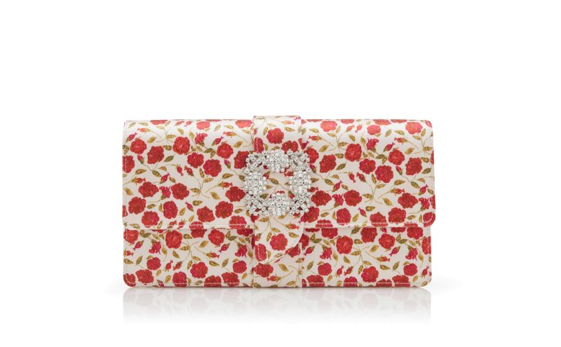 Side view of Capri, White and Red Satin Jewel Buckle Clutch - US$1,895.00