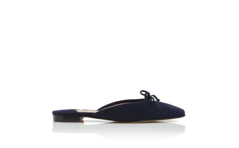 Side view of Ballerimu, Navy Blue Suede Flat Mules - AU$1,145.00