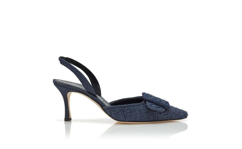 Side view of Maysli, Dark Blue Chambray Slingback Pumps - US$1,045.00