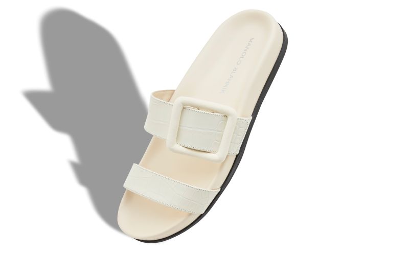 Mayfu, White Calf Leather Buckle Detail Flat Mules - US$507.00