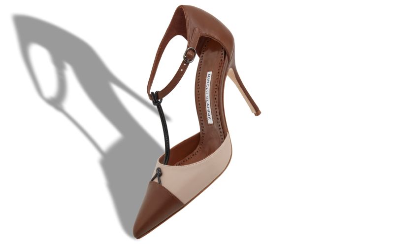 Assala, Brown and Beige Nappa Leather Ankle Strap Pumps - US$543.00