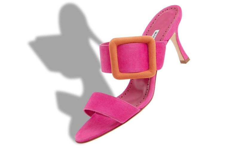 Designer Bright Pink and Orange Suede Buckle Mules