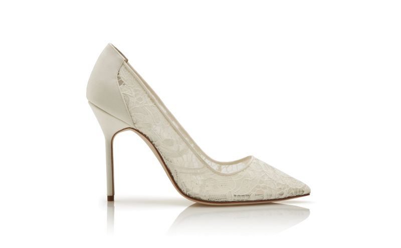 Side view of Designer White Lace Pointed Toe Pumps
