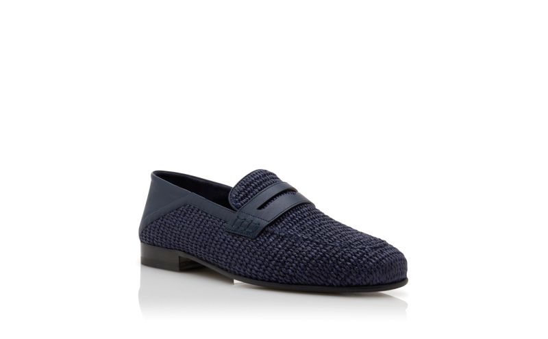 Padstow, Navy Blue Raffia Penny Loafers - €795.00