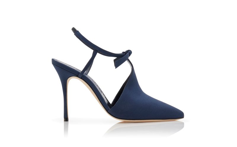 Side view of Horna, Navy Blue Crepe De Chine Ankle Strap Mules - US$975.00