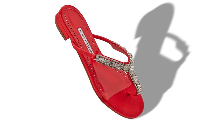 Feona, Red Satin Jewel Embellished Flat Sandals - US$741.00 