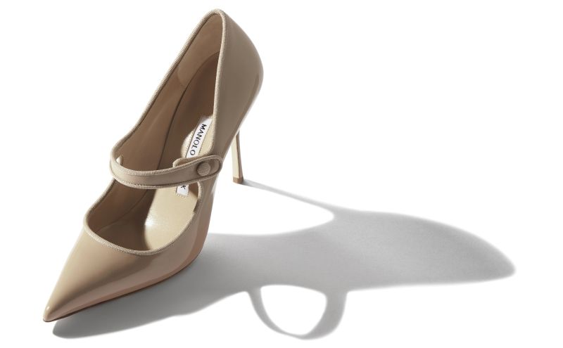 Designer Cool Beige Patent Leather Pointed Toe Pumps