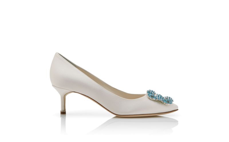 Side view of Hangisi bride 50, White Satin Jewel Buckle Pumps - £945.00