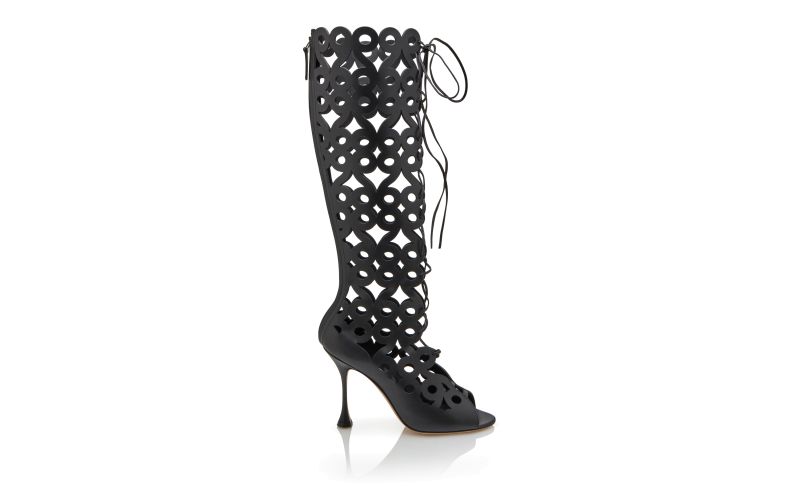 Side view of Tarashi, Black Calf Leather Cut Out Knee High Boots - CA$2,595.00