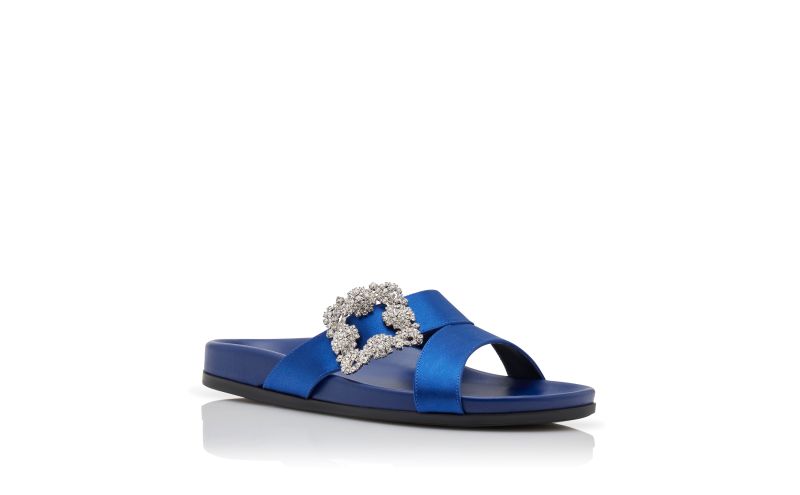 Chilanghi, Blue Satin Jewel Buckle Flat Mules - US$1,095.00