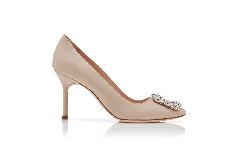 Side view of Hangisi 90, Beige Calf Leather Jewel Buckle Pumps - CA$1,615.00