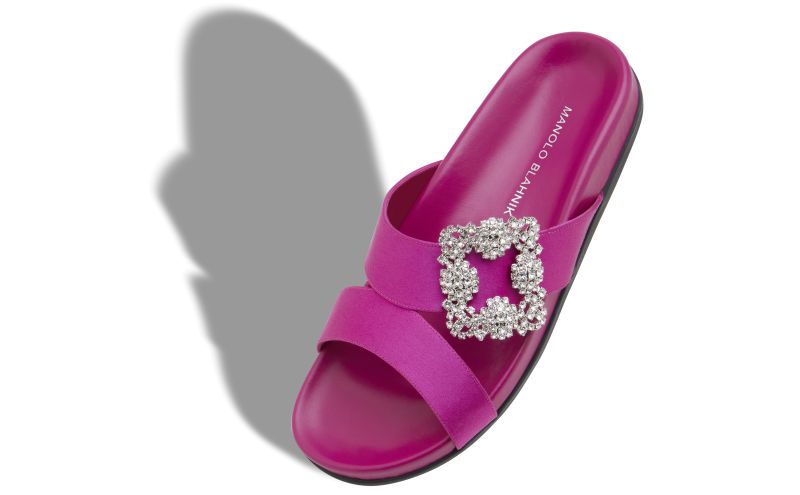 Chilanghi, Dark Fuchsia Satin Jewel Buckle Flat Mules - US$1,095.00