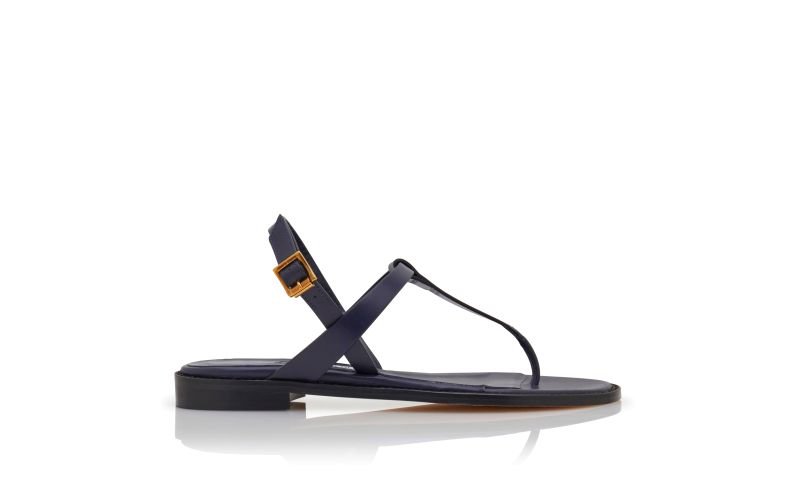 Side view of Hata, Navy Blue Calf Leather Flat Sandals - US$745.00