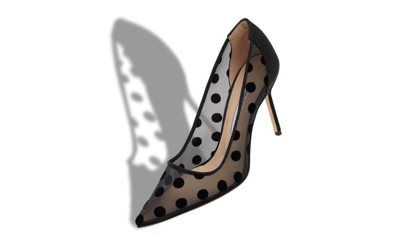 Designer Black Mesh Polka Dot Pointed Toe Pumps