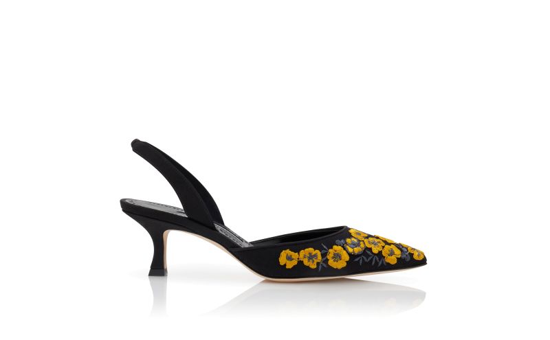 Side view of Carolyne, Black and Yellow Silk Slingback Pumps - AU$1,078.00
