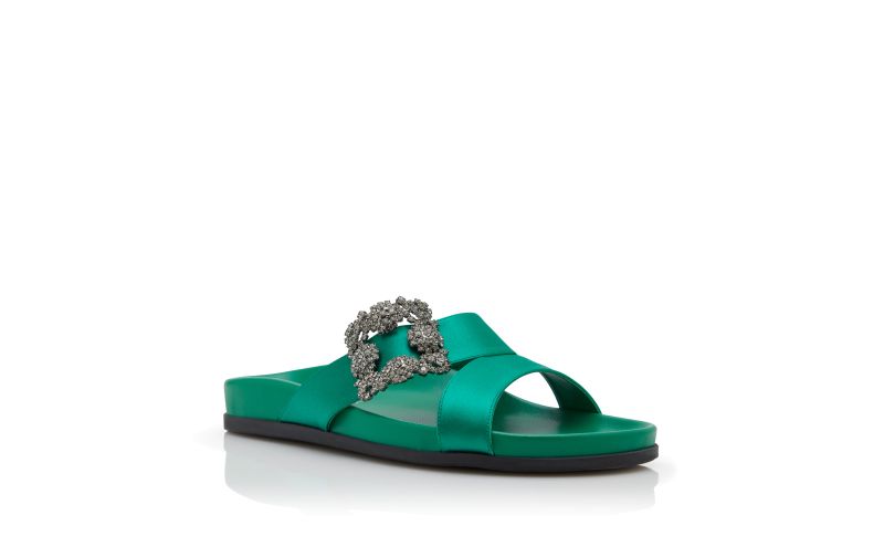 Chilanghi, Green Satin Jewel Buckle Flat Mules - AU$1,905.00