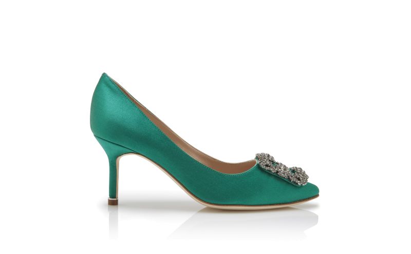 Side view of Hangisi 70, Green Satin Jewel Buckle Pumps - £945.00