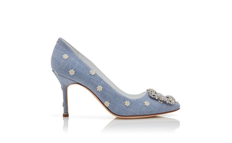 Side view of Hangisi 90, Blue and White Chambray Jewel Buckle Pumps - US$1,225.00
