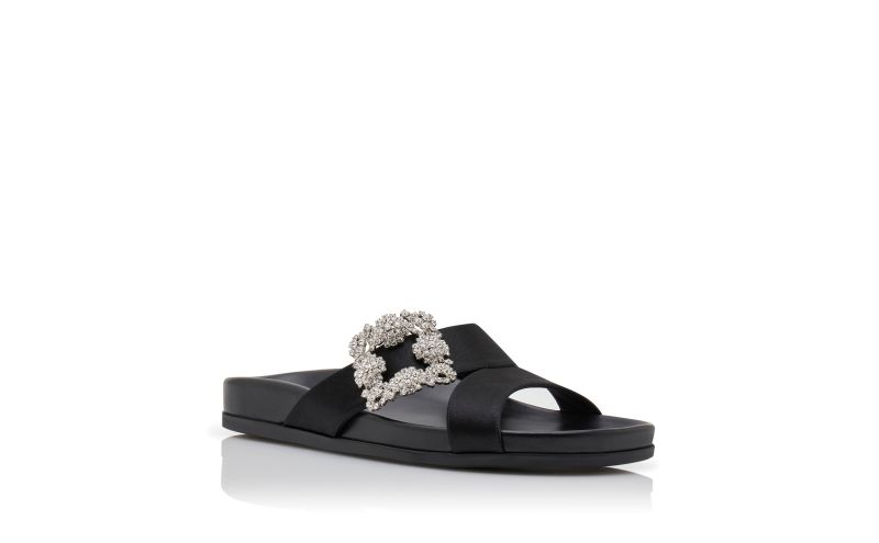 Chilanghi, Black Satin Jewel Buckle Flat Mules - £845.00