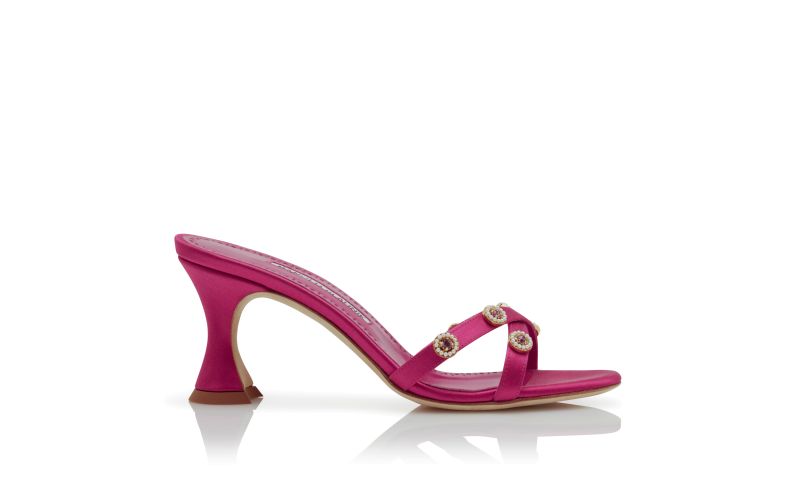Side view of Pyrenea, Dark Pink Satin Embellished Mules - US$1,145.00