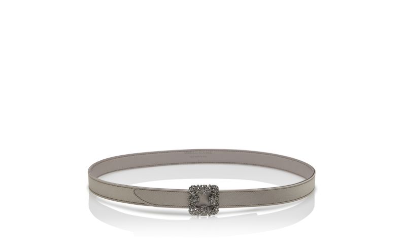 Side view of Hangisi belt mini, Light Grey Satin Crystal Buckled Belt - €725.00