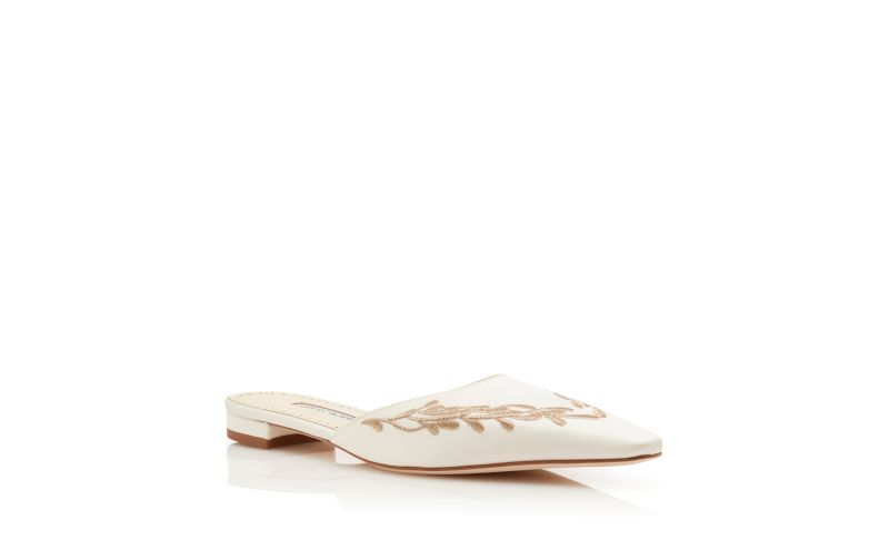 Fontaza, White and Gold Satin Flat Mules - US$1,045.00