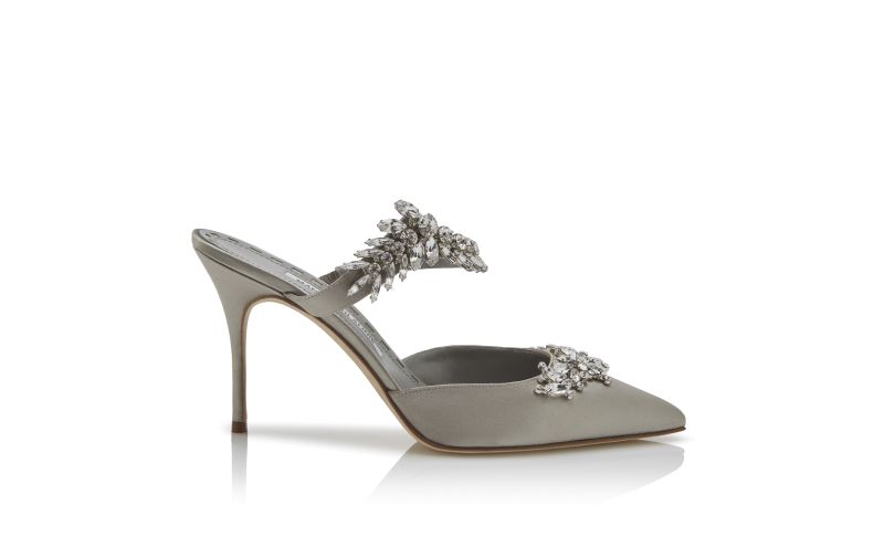 Side view of Lurum, Grey Satin Crystal Embellished Mules - AU$2,295.00