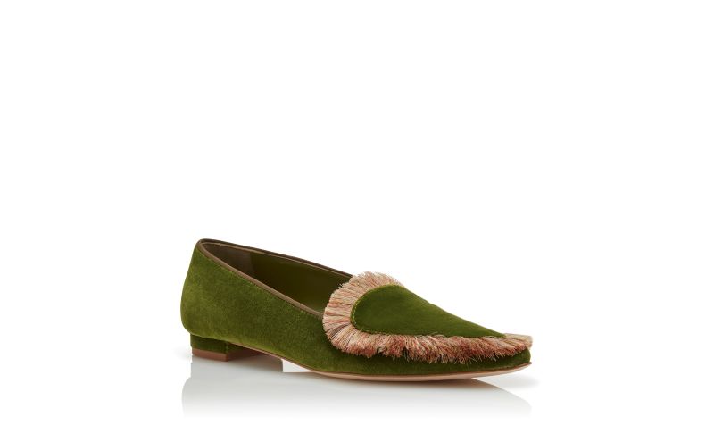 Agofran, Green Velvet Fringe Detail Loafers - US$895.00