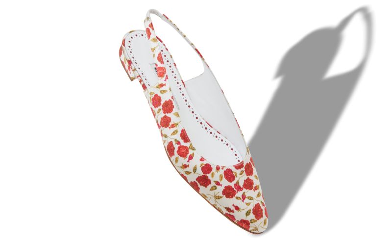 Sawra, White and Red Satin Slingback Flat Pumps  - US$465.00 