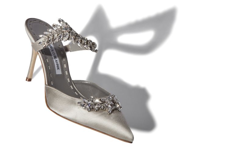 Designer Grey Satin Crystal Embellished Mules