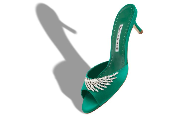 LUMADA, Green Satin Jewel Embellished Mules , 1095 USD