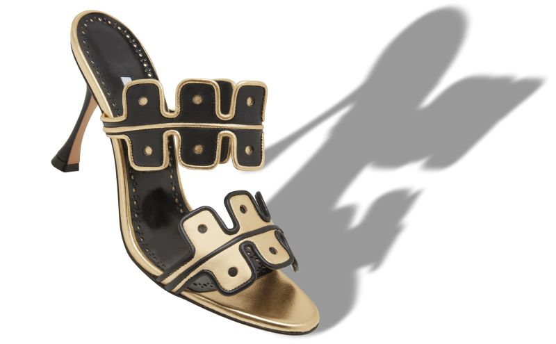 APLINANU, Black and Gold Nappa Leather Mules, 1350 USD