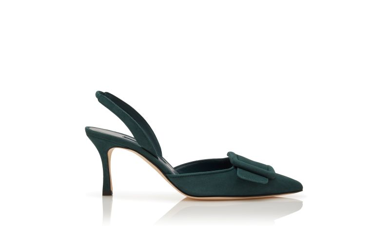 Side view of Maysli, Dark Green Suede Buckle Detail Slingback Pumps - US$925.00