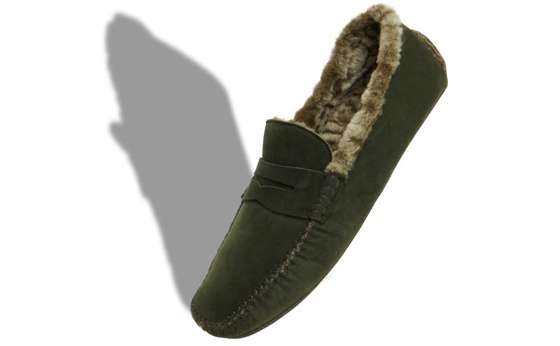 Kensington, Dark Green Suede Shearling Lined Loafers - AU$1,175.00