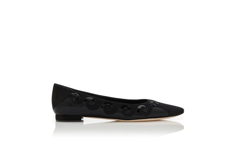 Side view of Designer Black Suede Swirl Detail Flat Pumps
